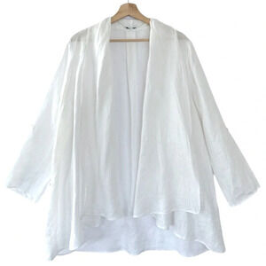 Saks Fifth Avenue White 100% Linen Open Front Shawl Collar Loose Fit Tunic Top